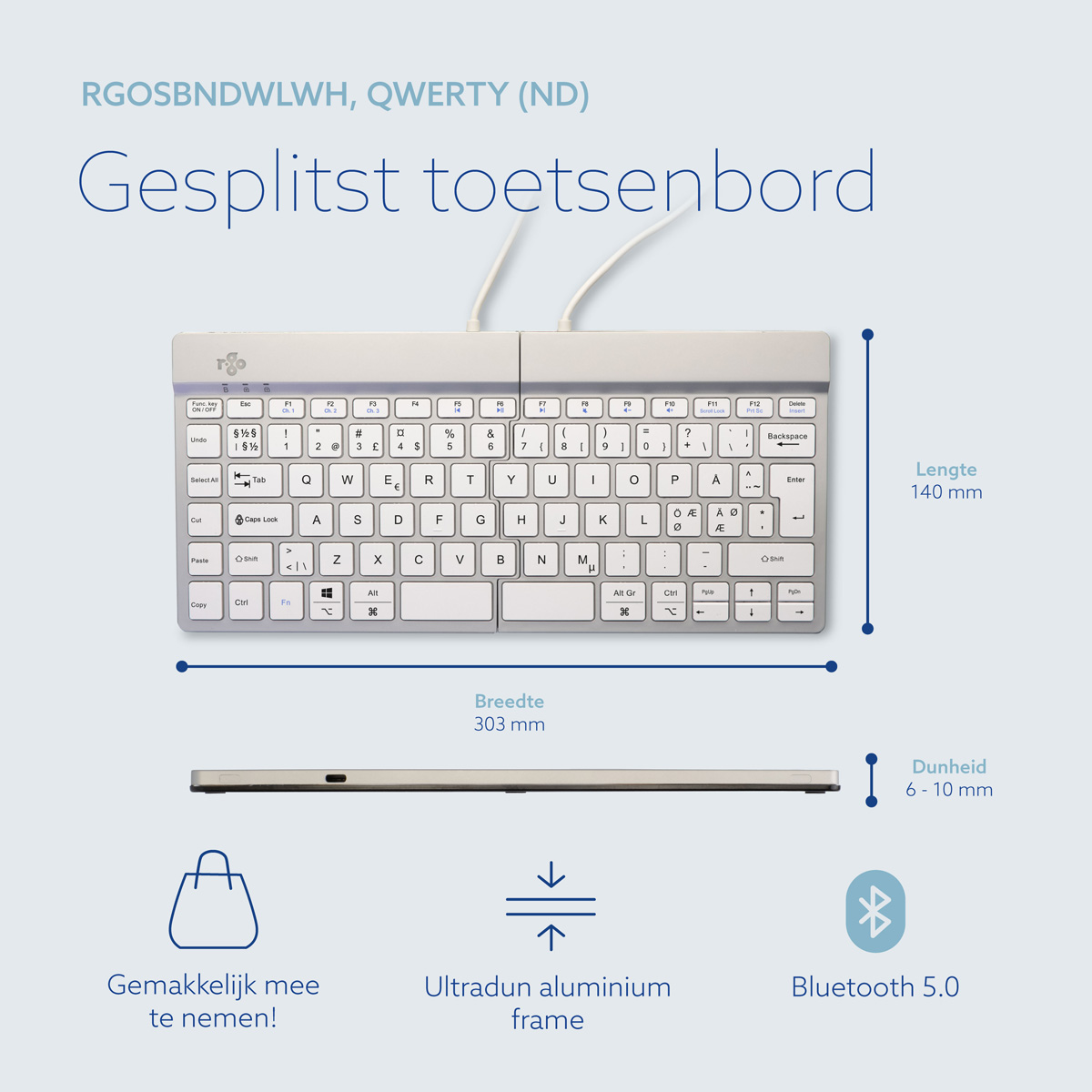 R-Go Split Break versie 2 (wit, draadloos, QWERTY – Nordic)