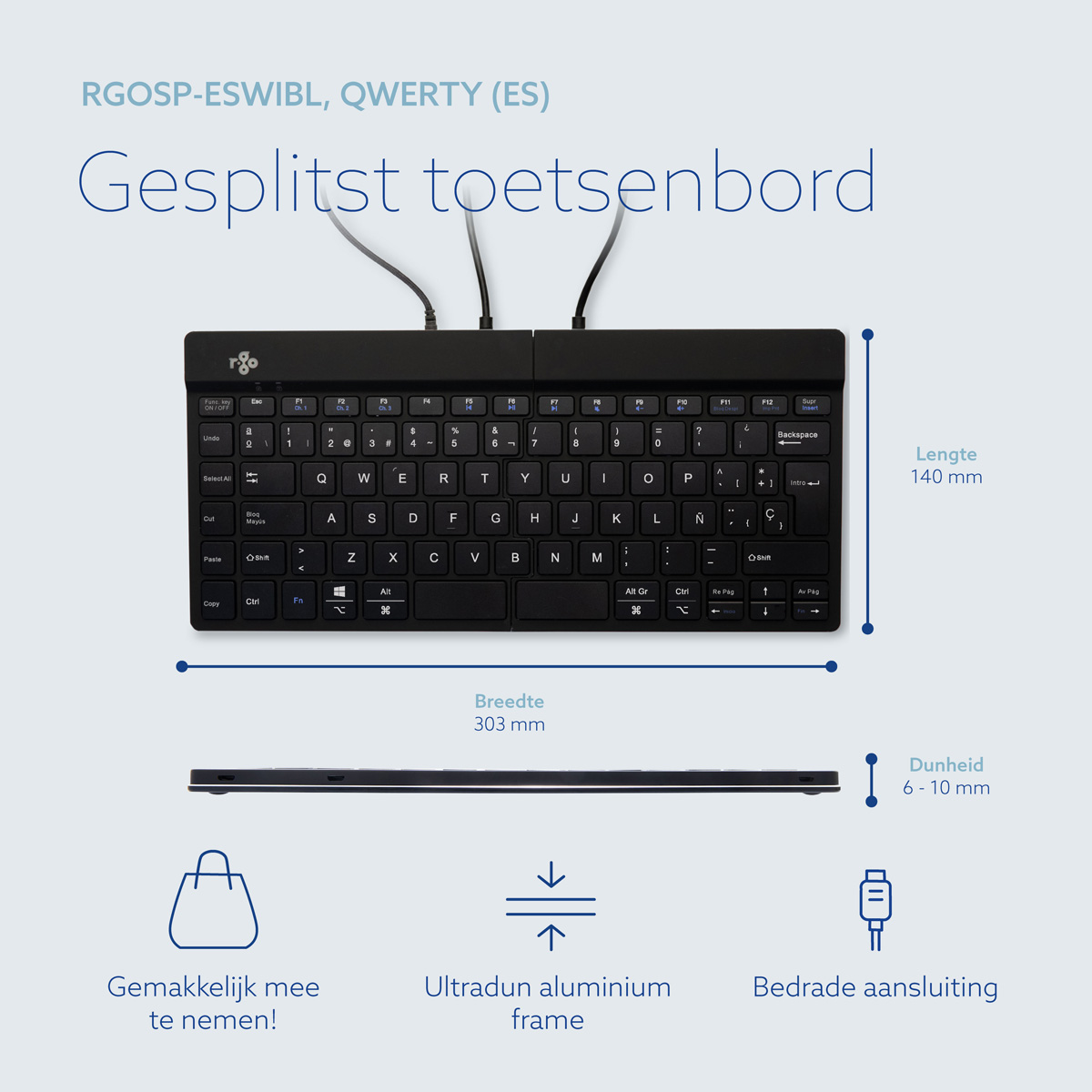 R-Go Split Break (zwart, bedraad, QWERTY – ES)
